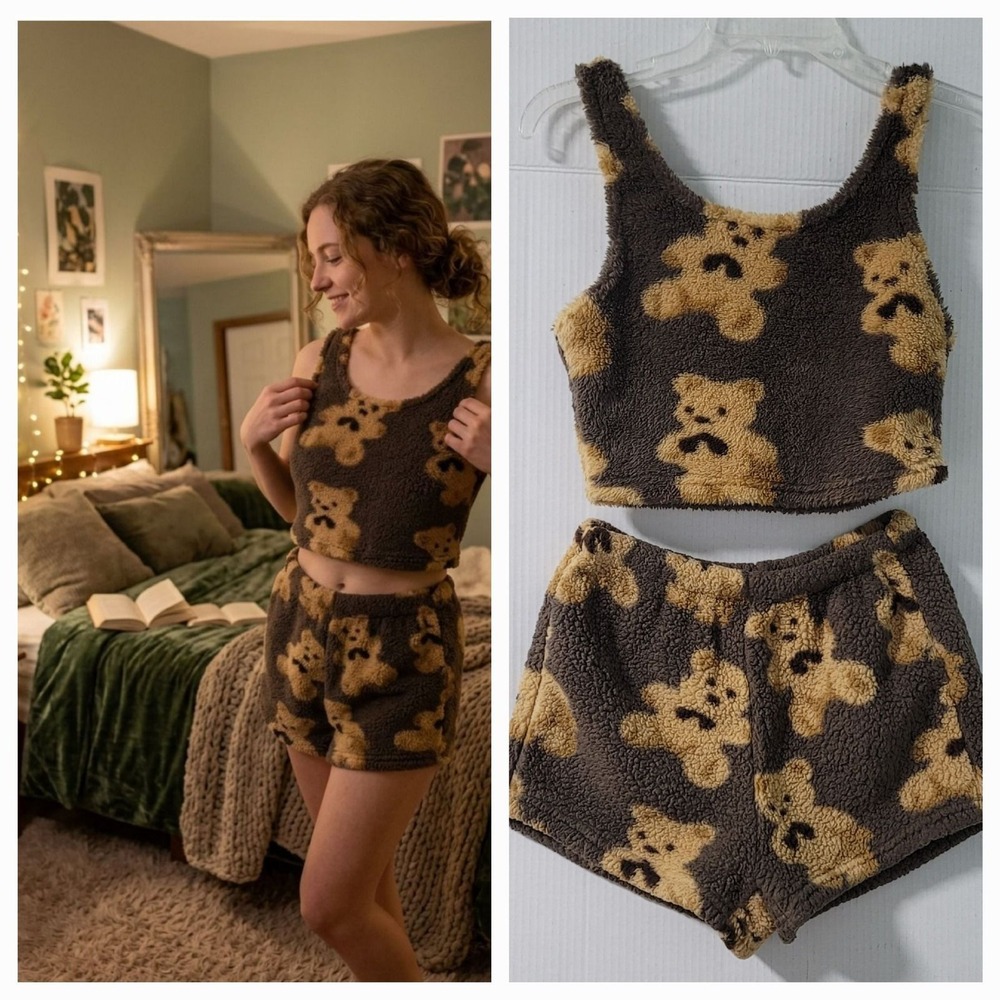 Women Sherpa Fuzzy Soft 2Pc Tank/Shorts Pajamas Teddy Bear Puffy Cute Cozy Y2K S